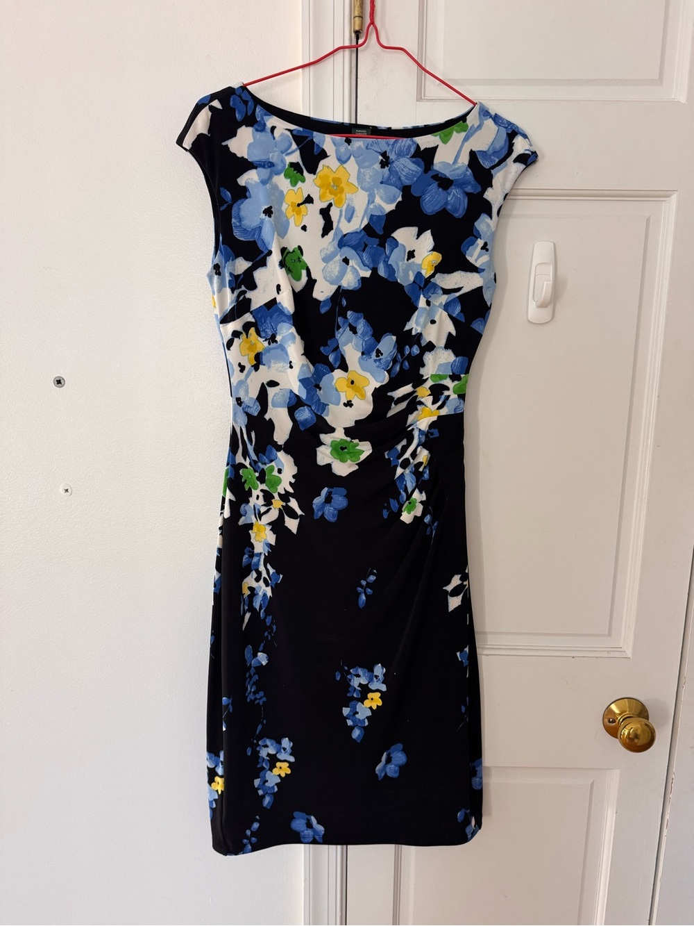 Ralph Lauren Black Floral Midi Dress with Blue, White, Yellow and Green Flowers